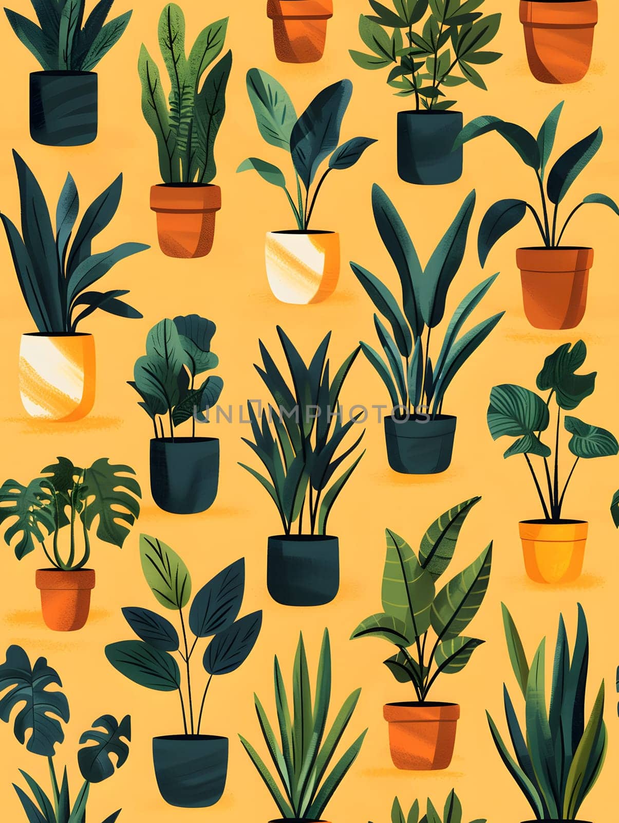 A creative arts piece featuring a seamless pattern of various houseplants in flowerpots on a vibrant yellow background, showcasing different terrestrial plants and flowering plants