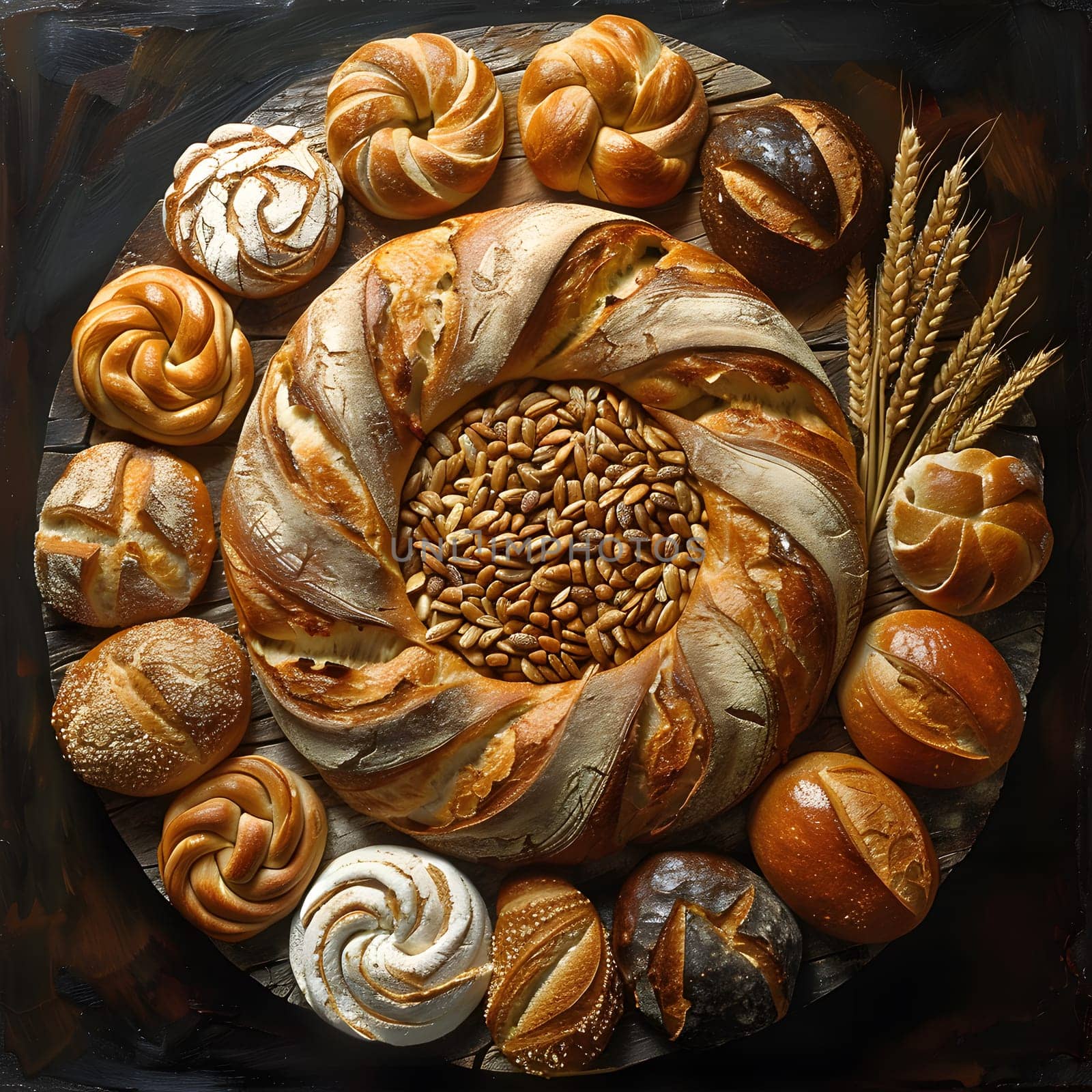 A variety of bread types, made with ingredients like flour, water, and seeds, are artfully arranged in a circular display. The wooden dishware highlights the beauty of different cuisines and recipes