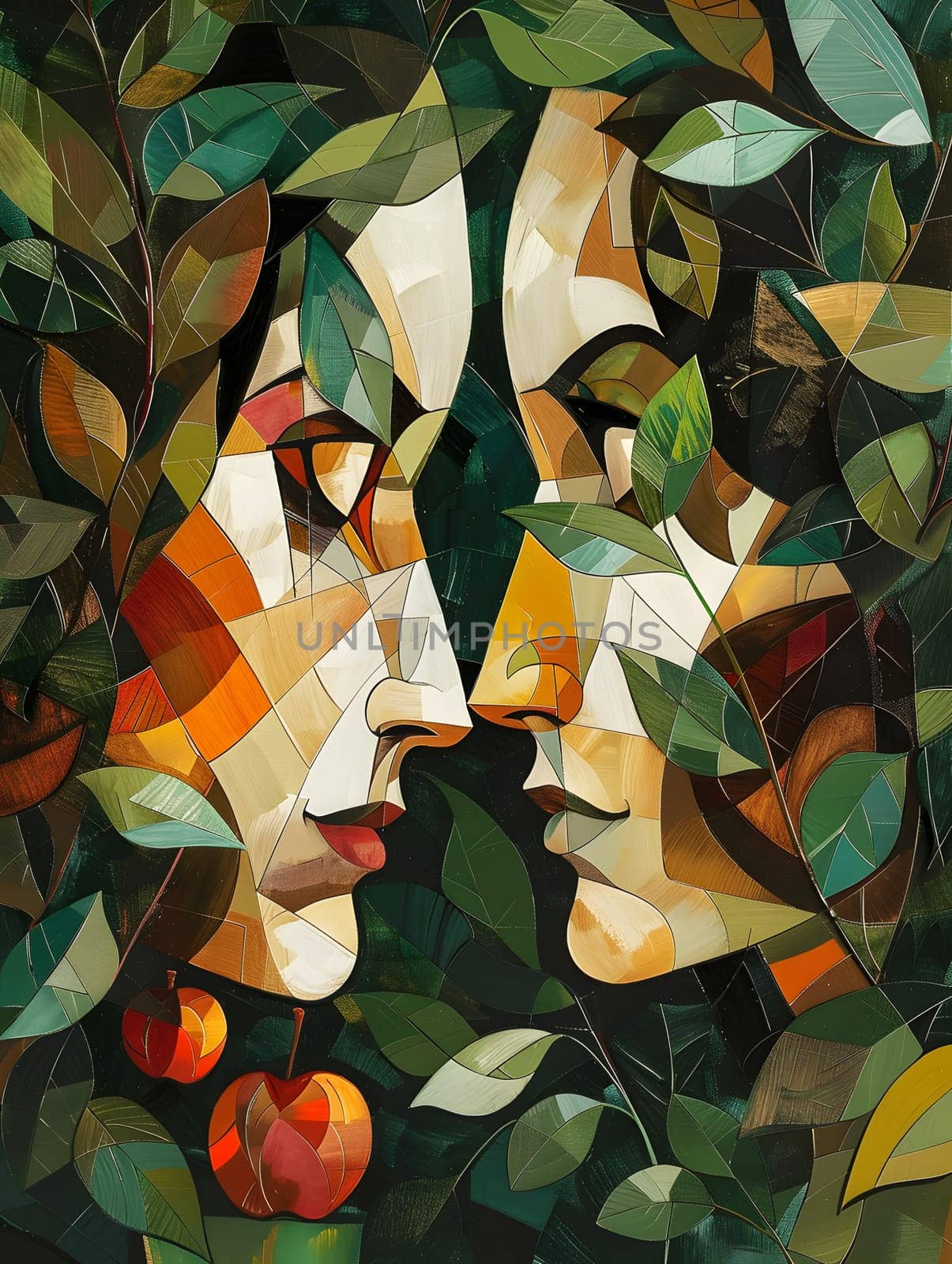 a painting of two people looking at each other surrounded by leaves and apples by Nadtochiy