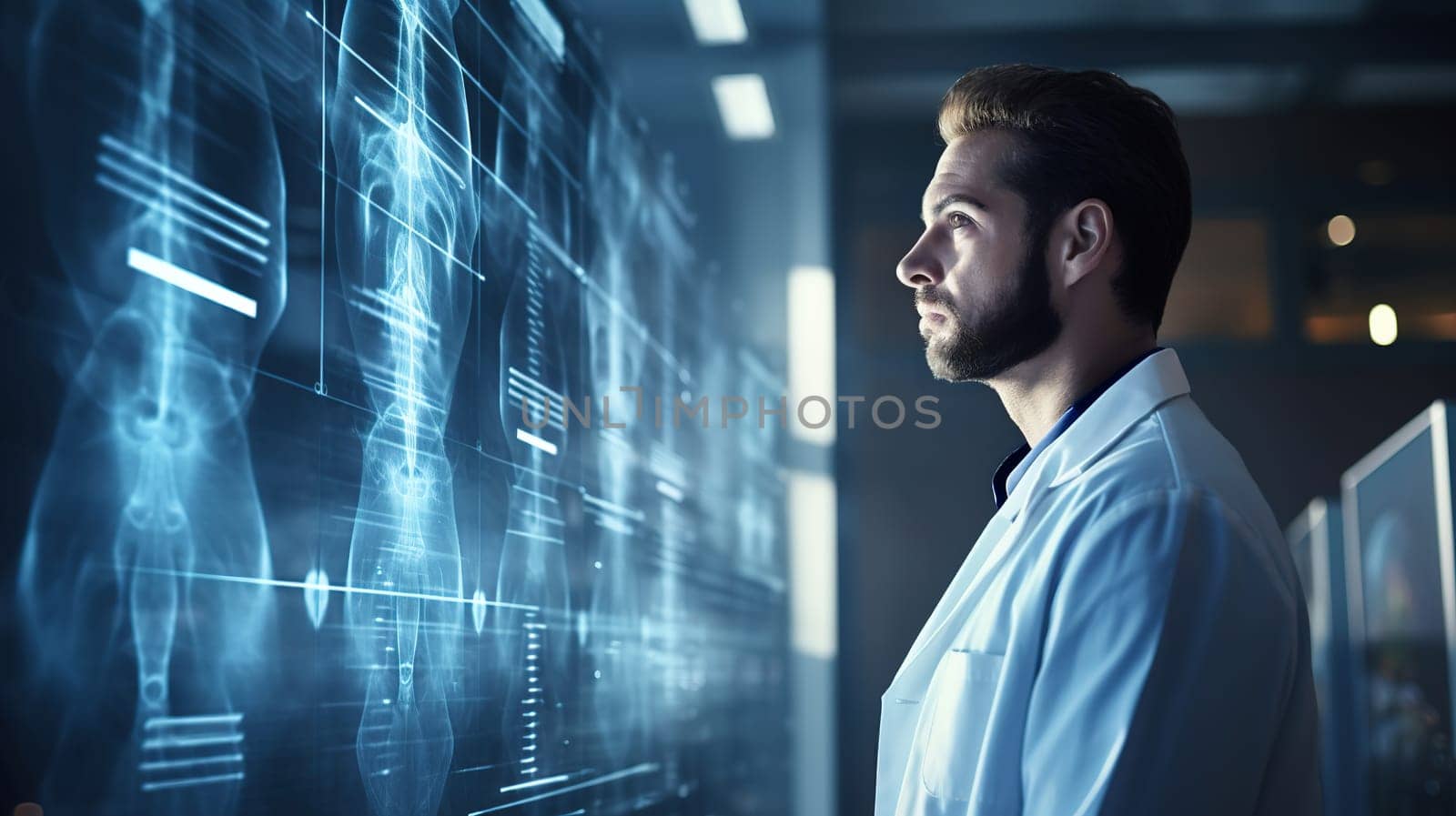 Experienced radiologist in the operating room analyzes x-rays of patients, Interventional radiology, modern medicine, Generated AI