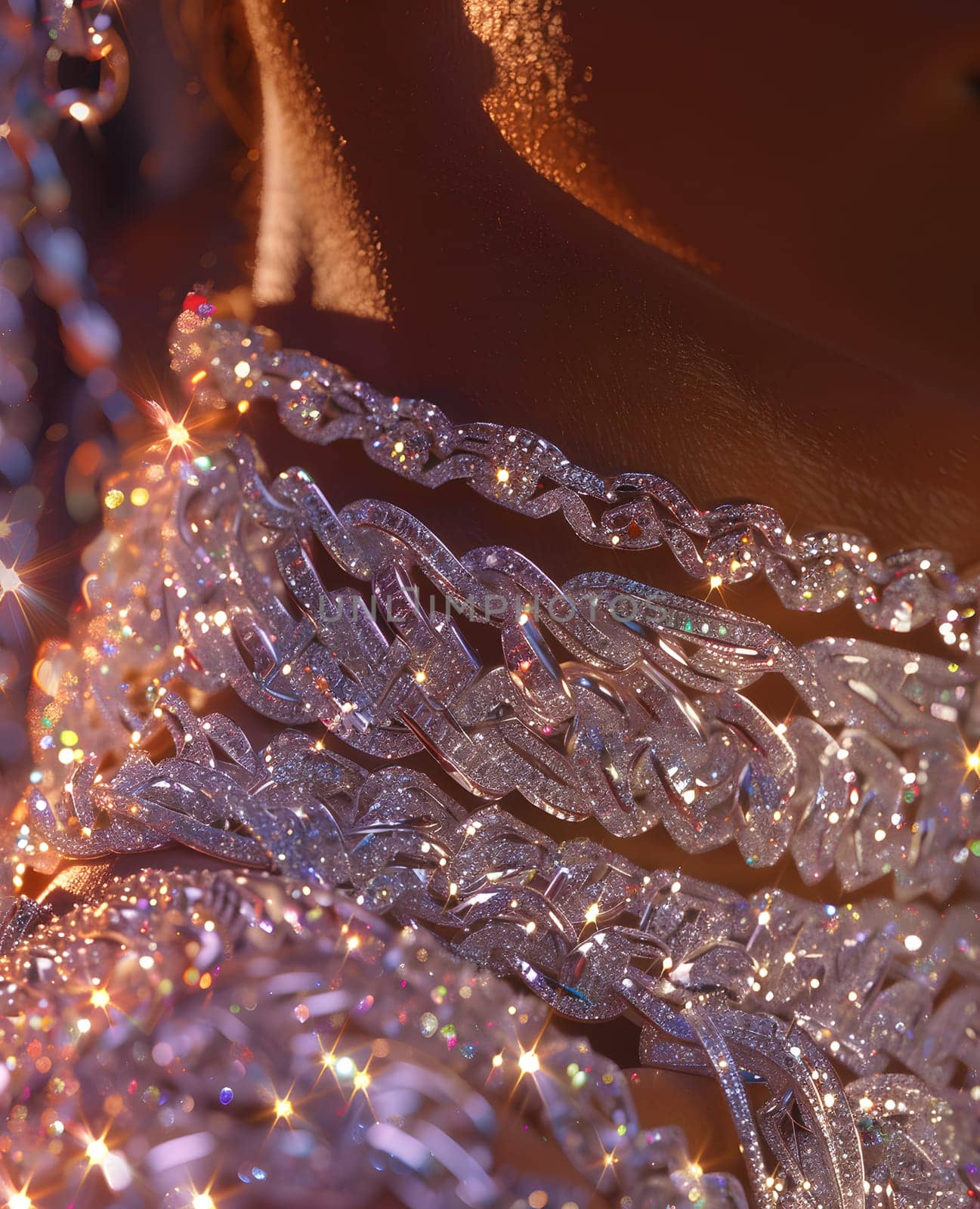 Closeup of woman wearing metal necklace and earrings by Nadtochiy