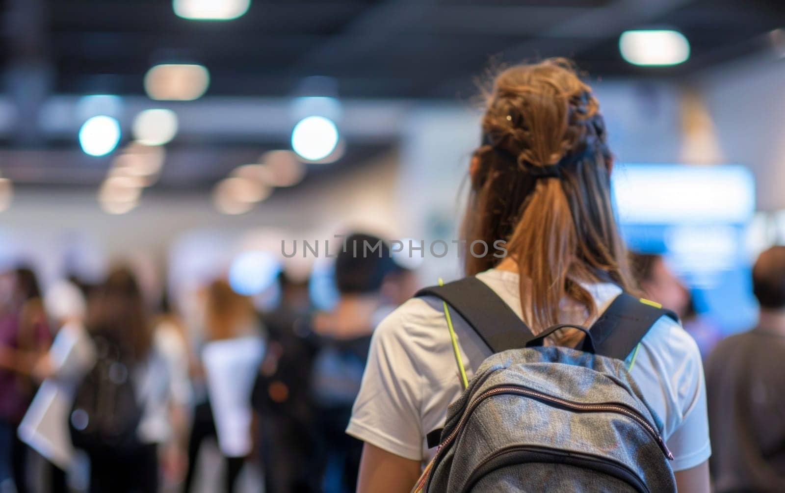 Back view of a teenager girl in student in a job dating fair by papatonic