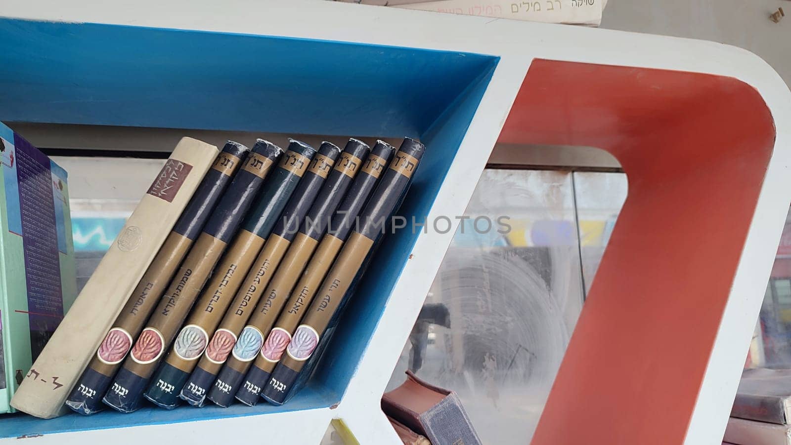 27 March 2024 Beer-Sheva Israel,Jewish books on the shelf, Judaism encyclopedia, teaching religion. High quality photo