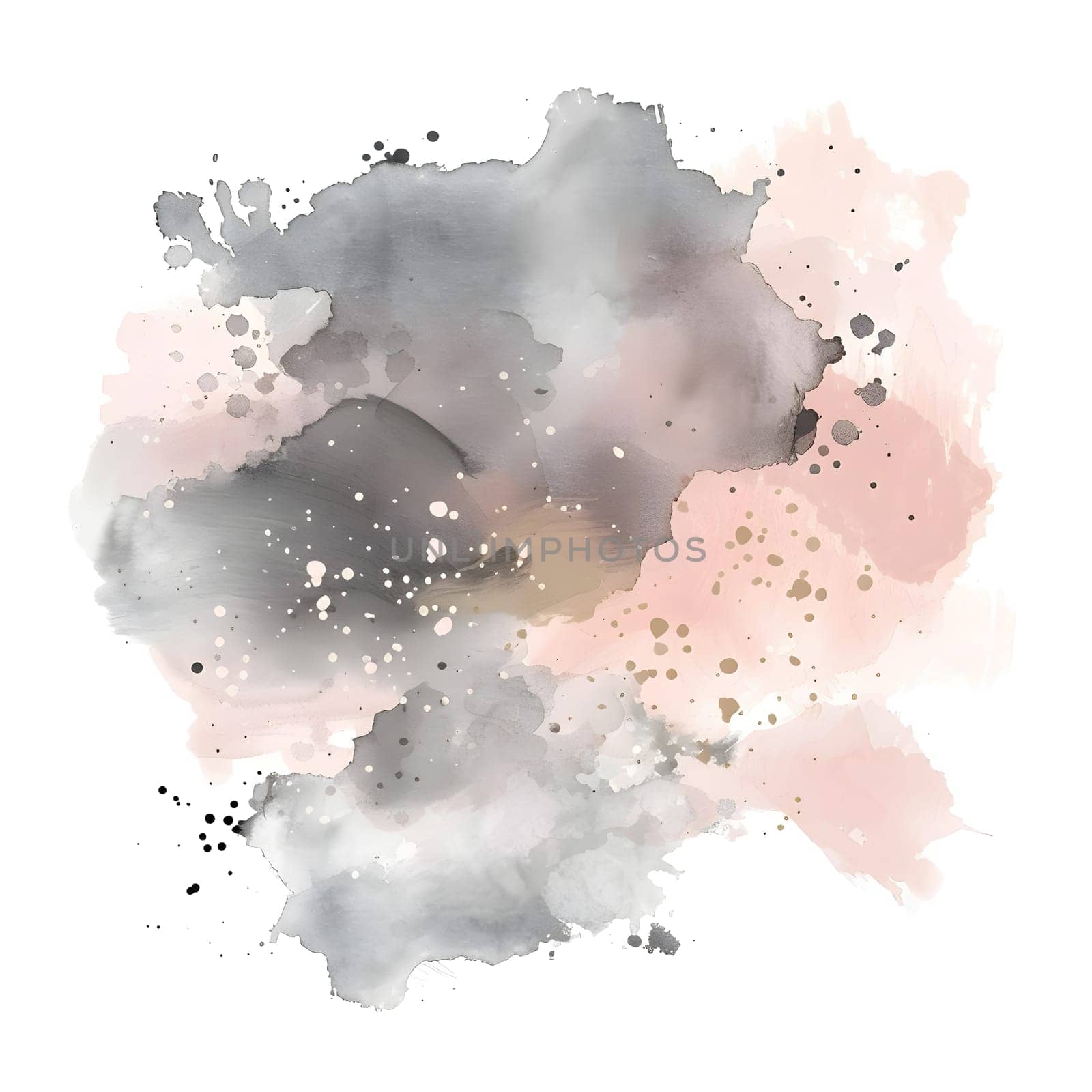 A beautiful gray and pink watercolor splash on a white background, resembling a cloud over a landscape. The art event features a soft font, creating a calming and peaceful atmosphere