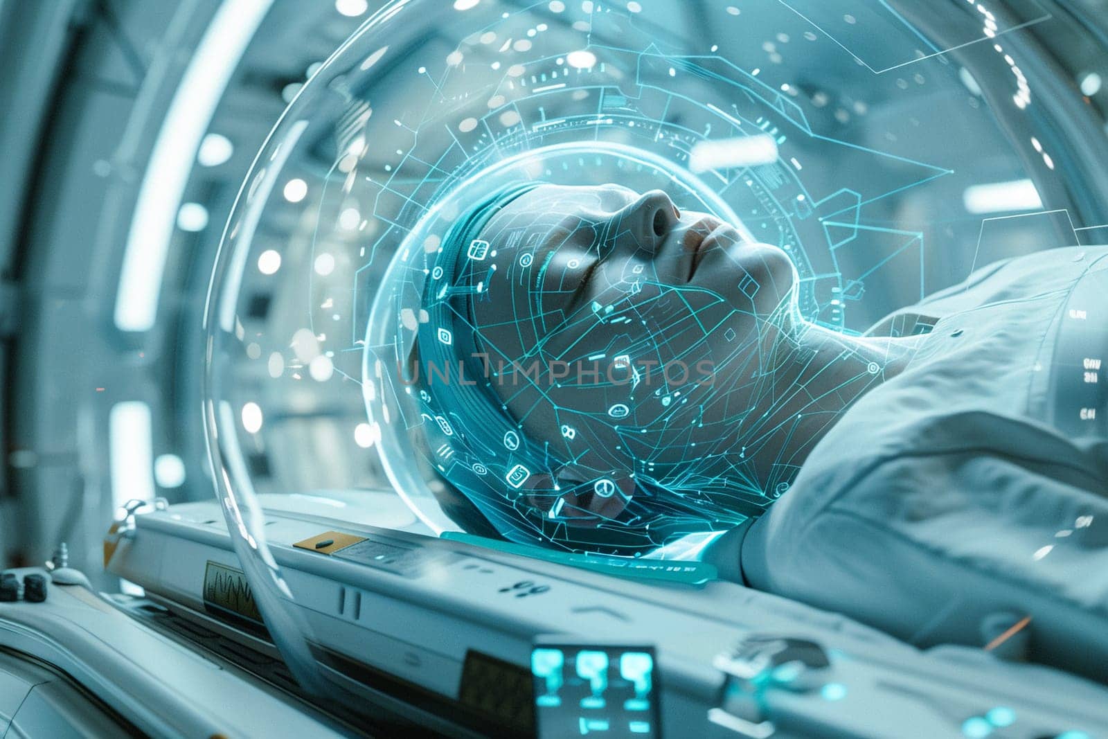 Patient undergoing advanced medical scan with futuristic technology and digital interface overlay in clinical setting. Concept of modern healthcare and diagnosis.