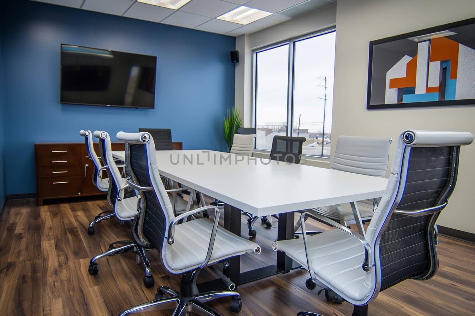 Sustainable eco-friendly meeting room with modern furnishings, large screen, bright space, office concept.