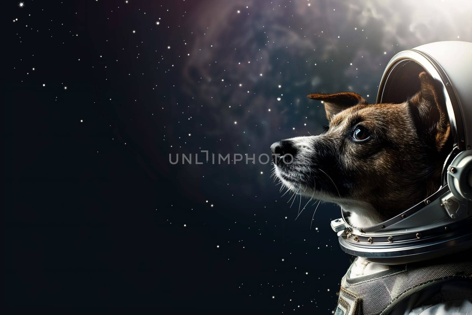 Curious dog in spacesuit against starry cosmos background embodies exploration, adventure, and the unknown in outer space.