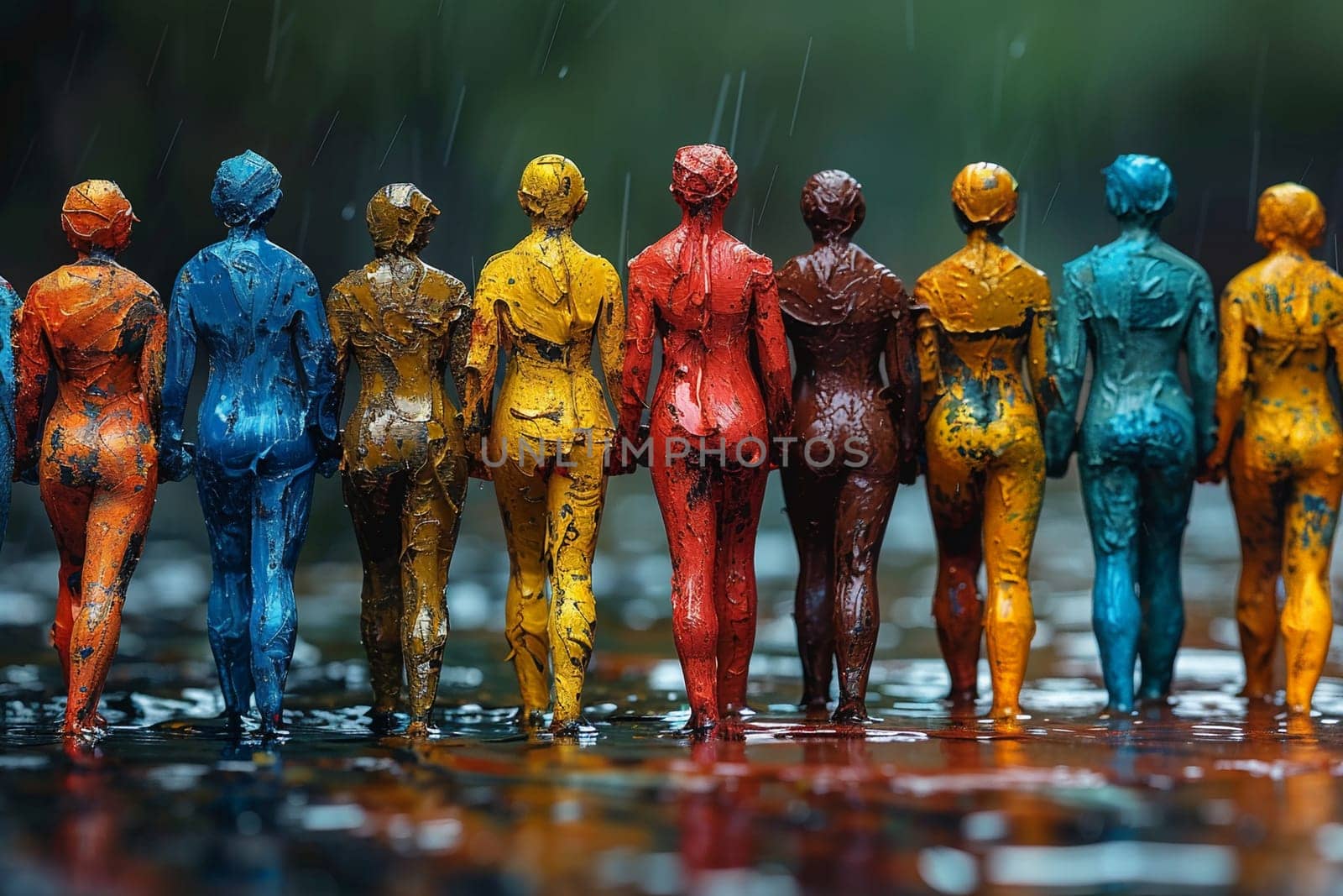 Row of colorful painted figurines standing together in rain, representing diversity, unity, friendship, and togetherness in society.