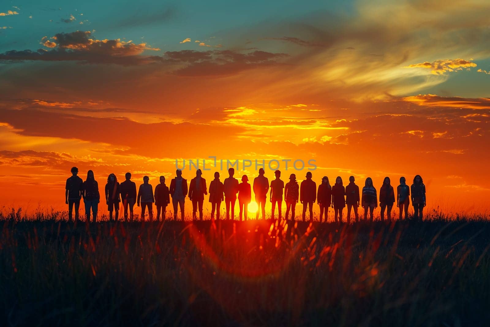 Group of silhouetted people standing together during vibrant sunset symbolizing unity, friendship, and togetherness in nature.