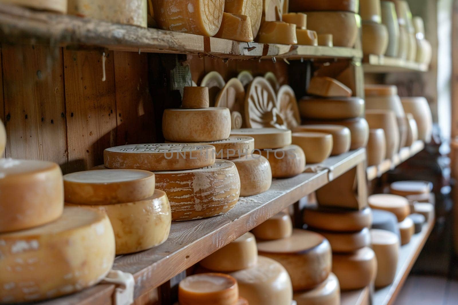 Detail of handcrafted cheeses lined on wooden shelves showcasing artisan cheese making process in rustic surroundings.