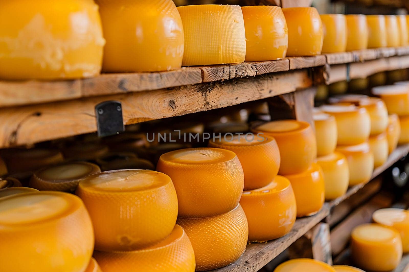 Close-up view of matured artisan cheese wheels stacked on wooden shelves in factory setting, representing quality and craft.