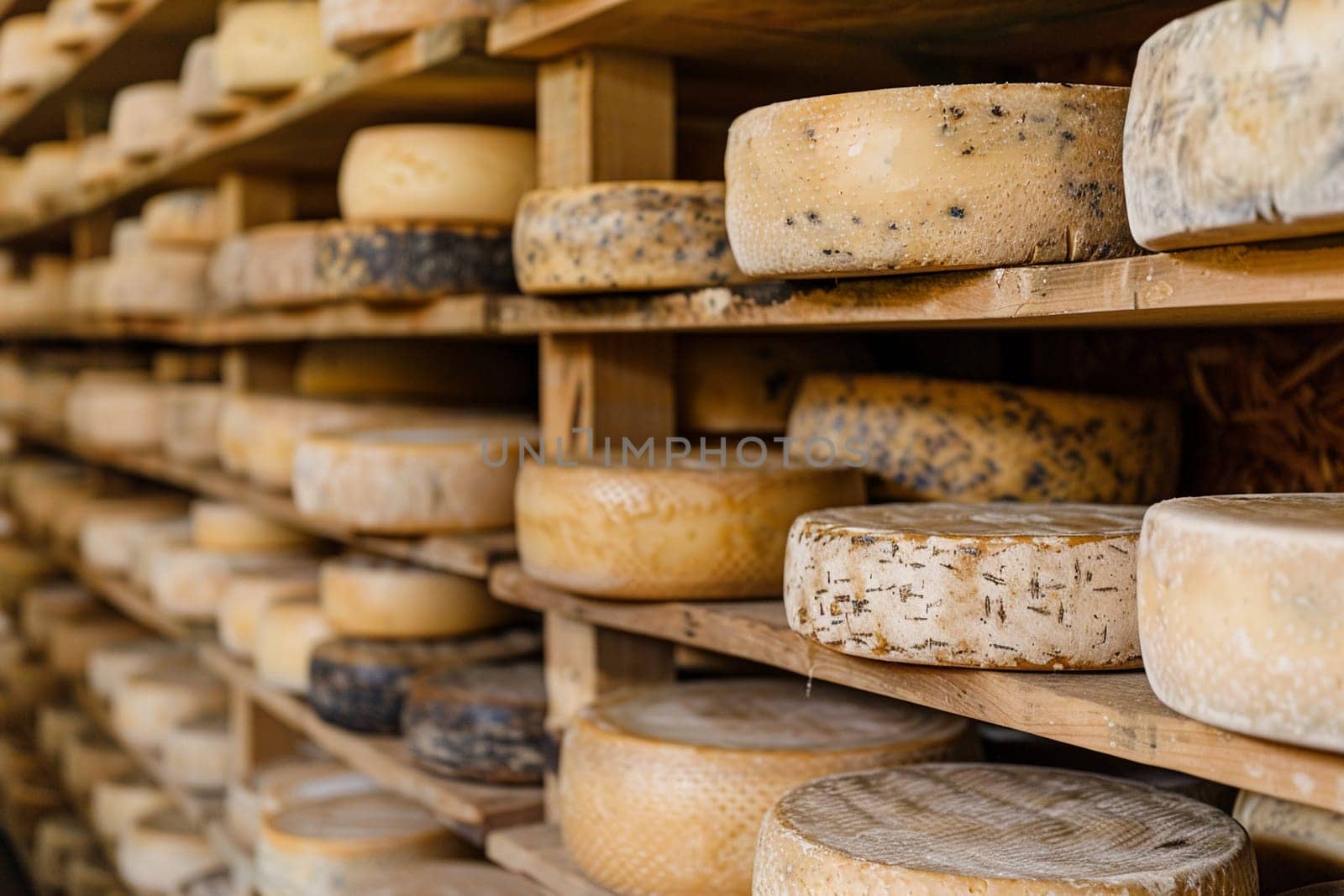 Ageing artisan cheese wheels stacked neatly on wooden shelves, showcasing dairy production in rustic cheese factory setting.