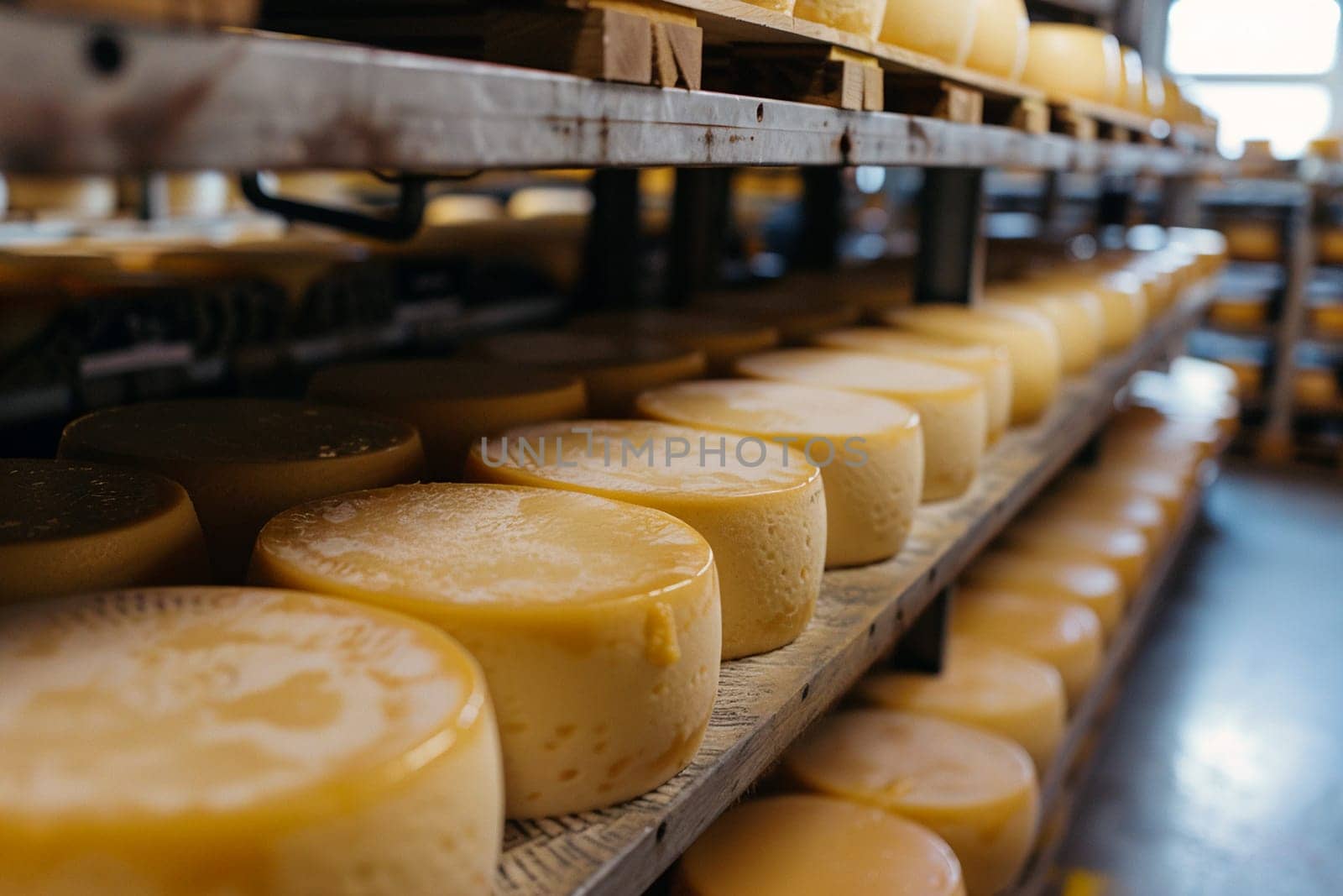 Rows of artisan cheese wheels maturing on wooden racks in dairy factory. Image shows cheese production, aging process and food industry concept.