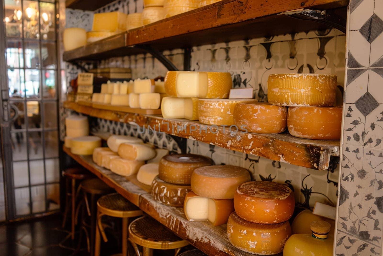 Variety of gourmet artisan cheeses displayed on rustic wooden shelves in a specialty cheese shop, showcasing dairy products.