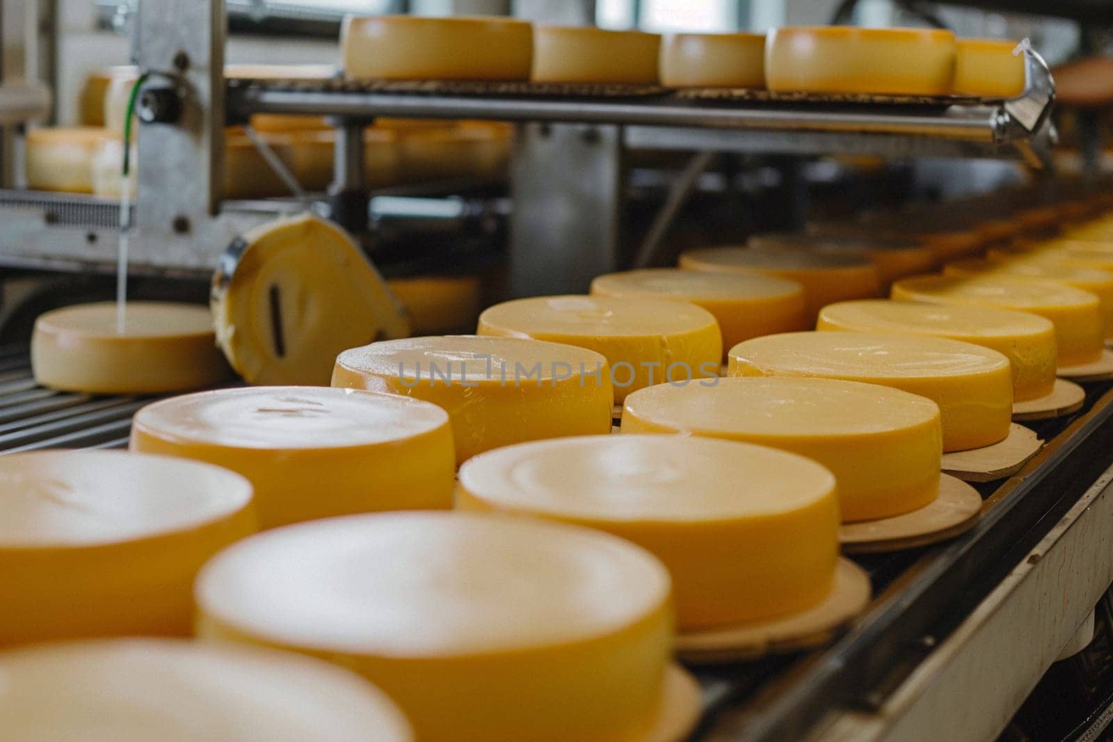 Large yellow cheese wheels on conveyor belt in artisan cheese factory, showcasing dairy processing and food industry.