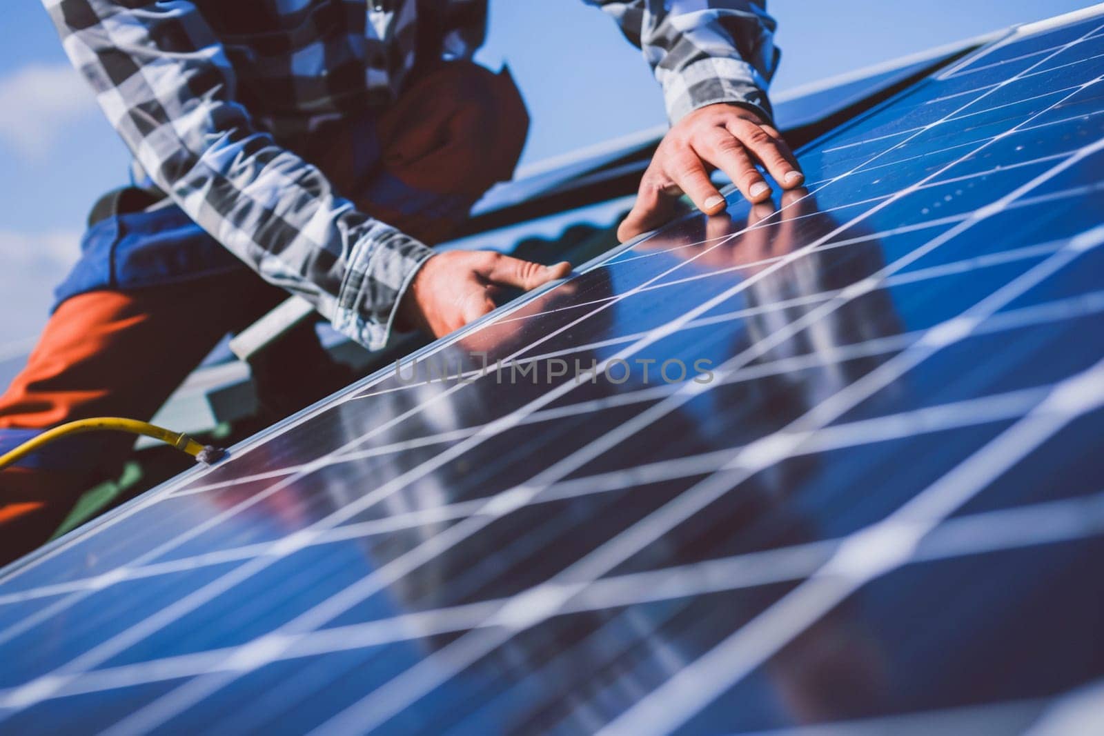 Close-up of professional technician carefully installing solar panels on residential building roof, concept of sustainable resources. Generative AI