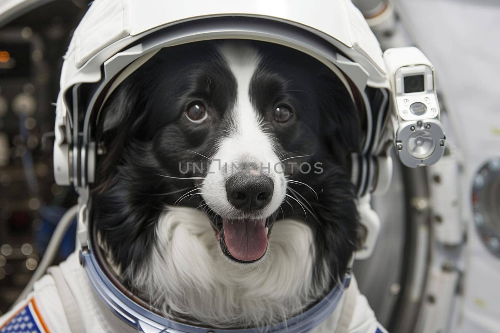 Close-up of joyful dog dressed as astronaut in space helmet and suit inside spacecraft cabin, embodying exploration and adventure.