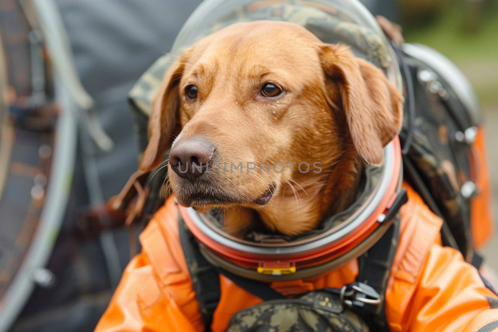 Adorable astronaut dog suited up space adventure.  Unusual roles. Spacecraft. Exploration by Yevhen89