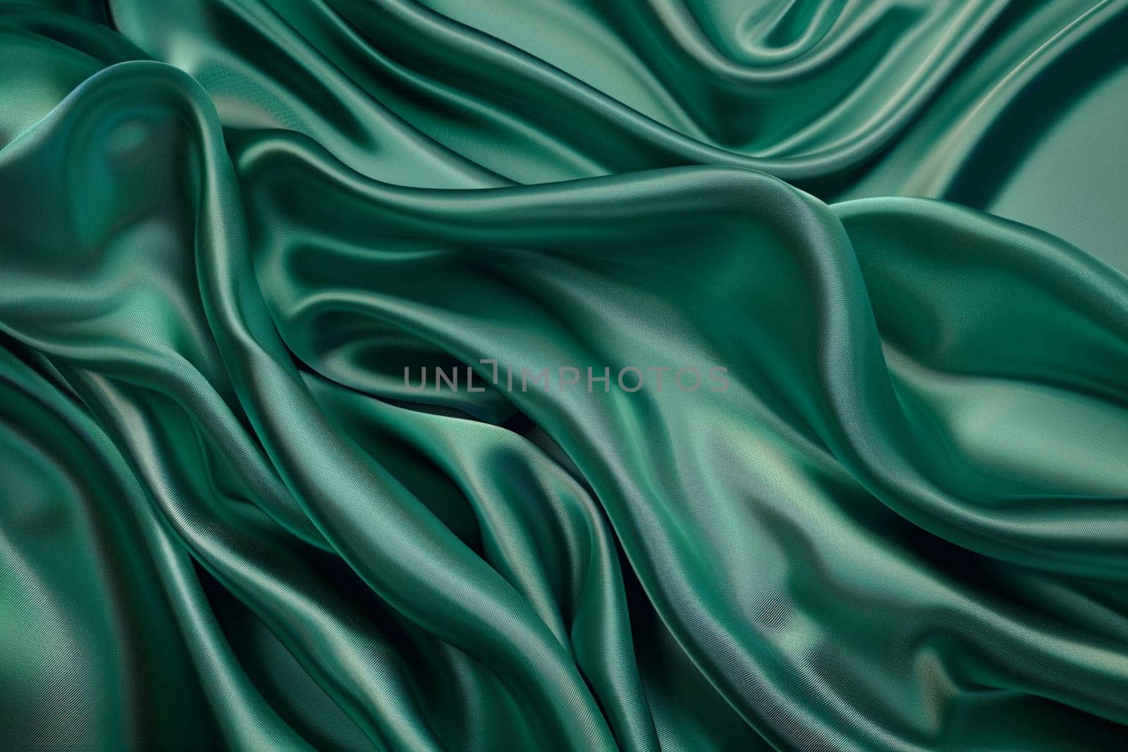 Close-up of elegant luxurious green silk fabric texture. Soft folds and smooth abstract waves create a serene, high-quality background.