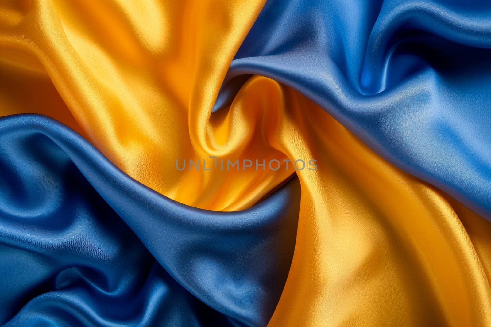 Elegant blue and yellow silk fabric with a smooth, luxurious texture ideal for background and design concepts.