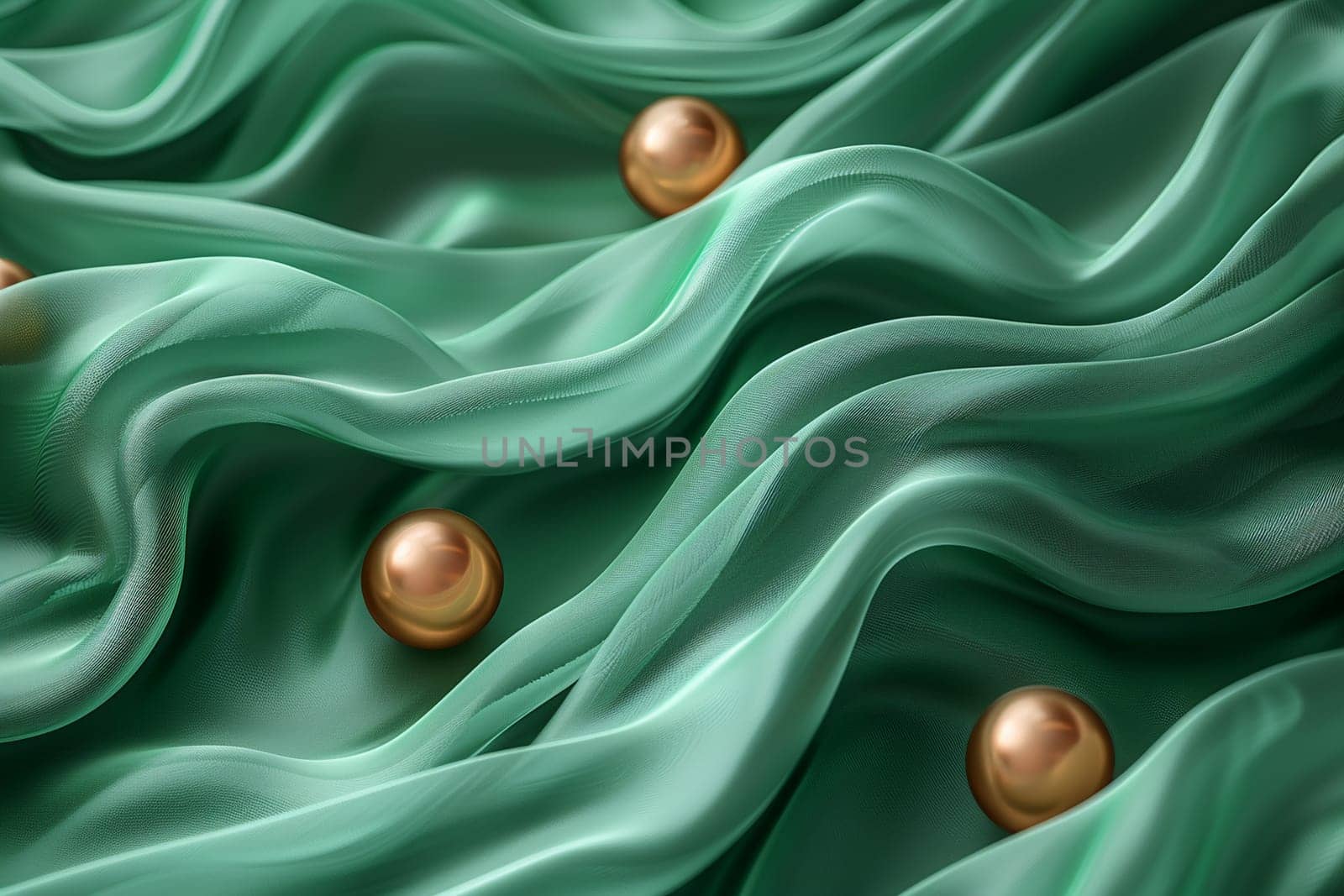 Luxurious waves of green silk material create a sublime abstract background enhanced by contrasting golden balls