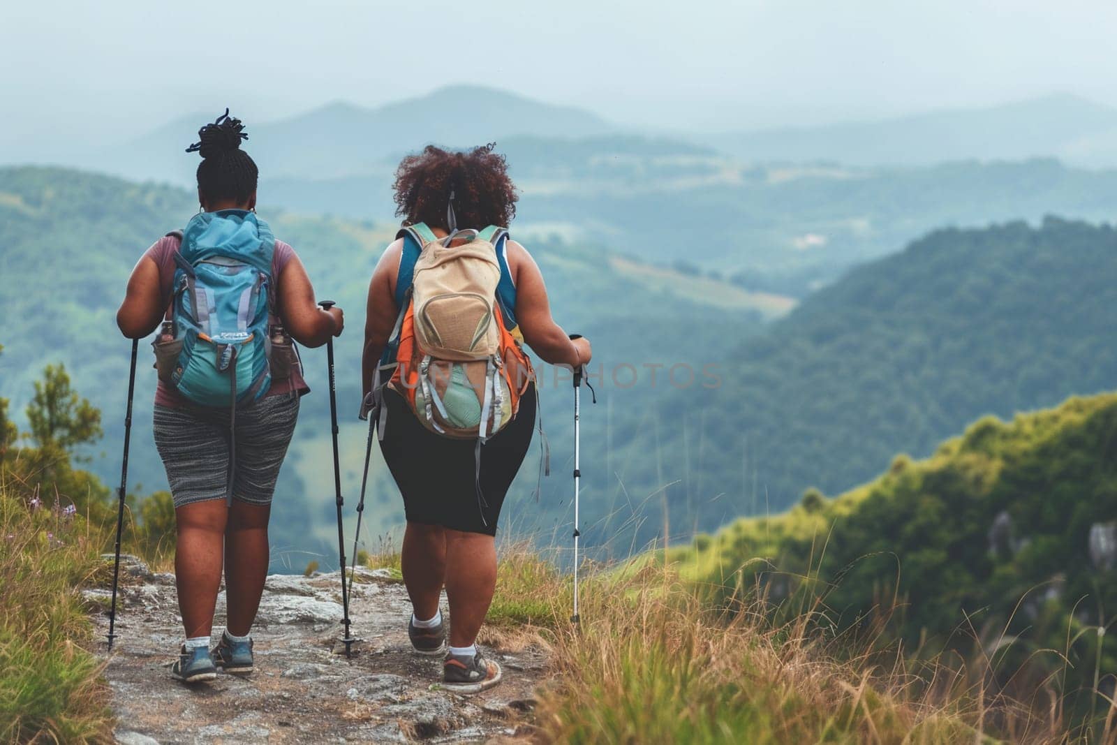 Plus size African American women hiking in mountains, showcasing diversity in outdoor activities and healthy lifestyles. Generative AI