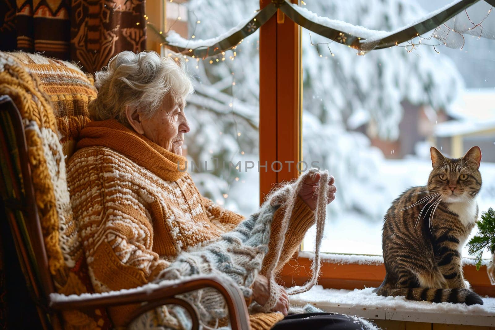 Cozy indoor scene with elderly lady knitting in chair on winter day, accompanied by pet cat looking at camera. Generative AI
