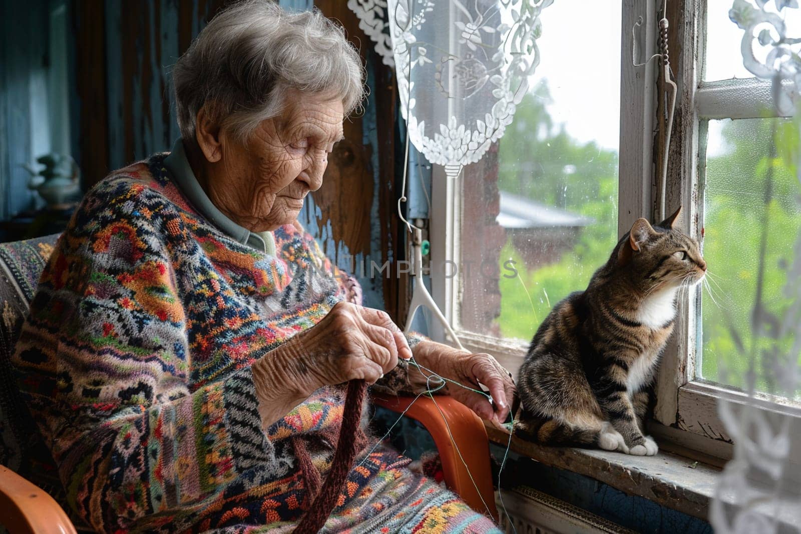 Pensioner enjoys hobby of knitting with cat companion by window, showcasing warmth and serenity in domestic life. Generative AI