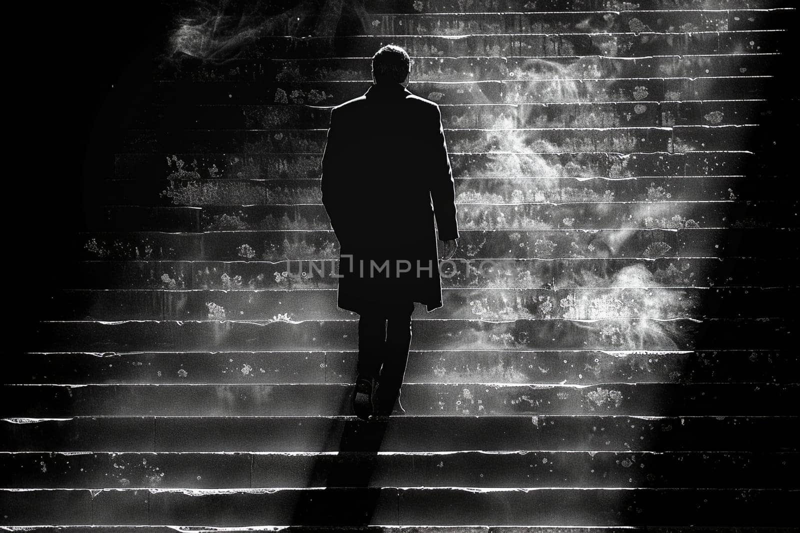 Silhouette of man walking up stairs surrounded by mist creates mysterious and dreamy atmosphere in monochrome. Generative AI