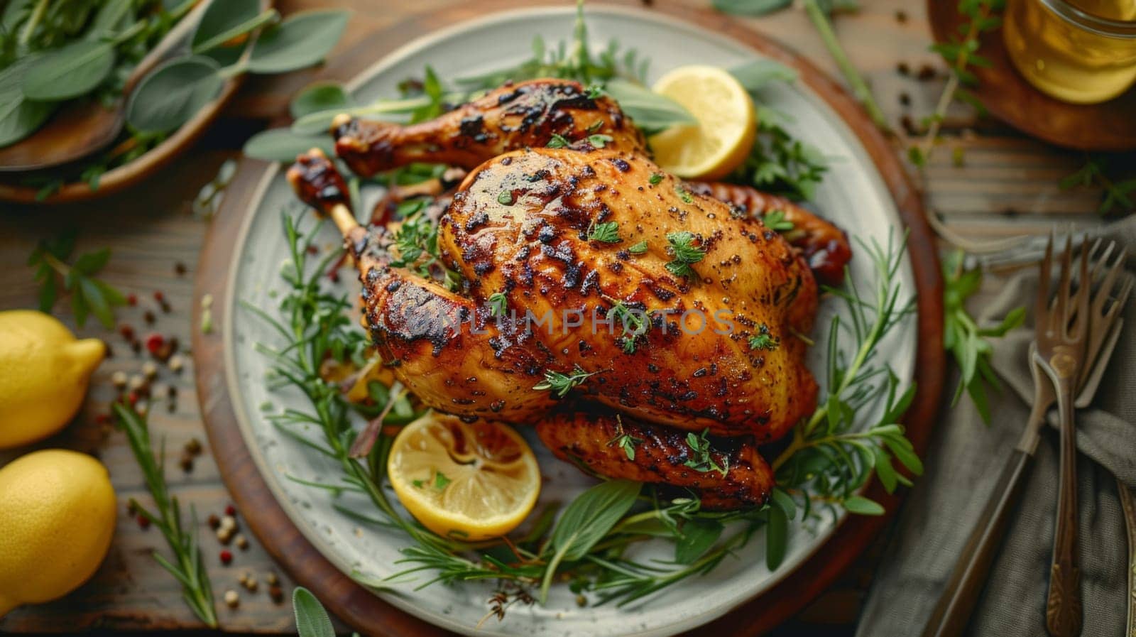 Succulent charcoal-grilled chicken turkey with fresh herbs and lemon. top view by papatonic