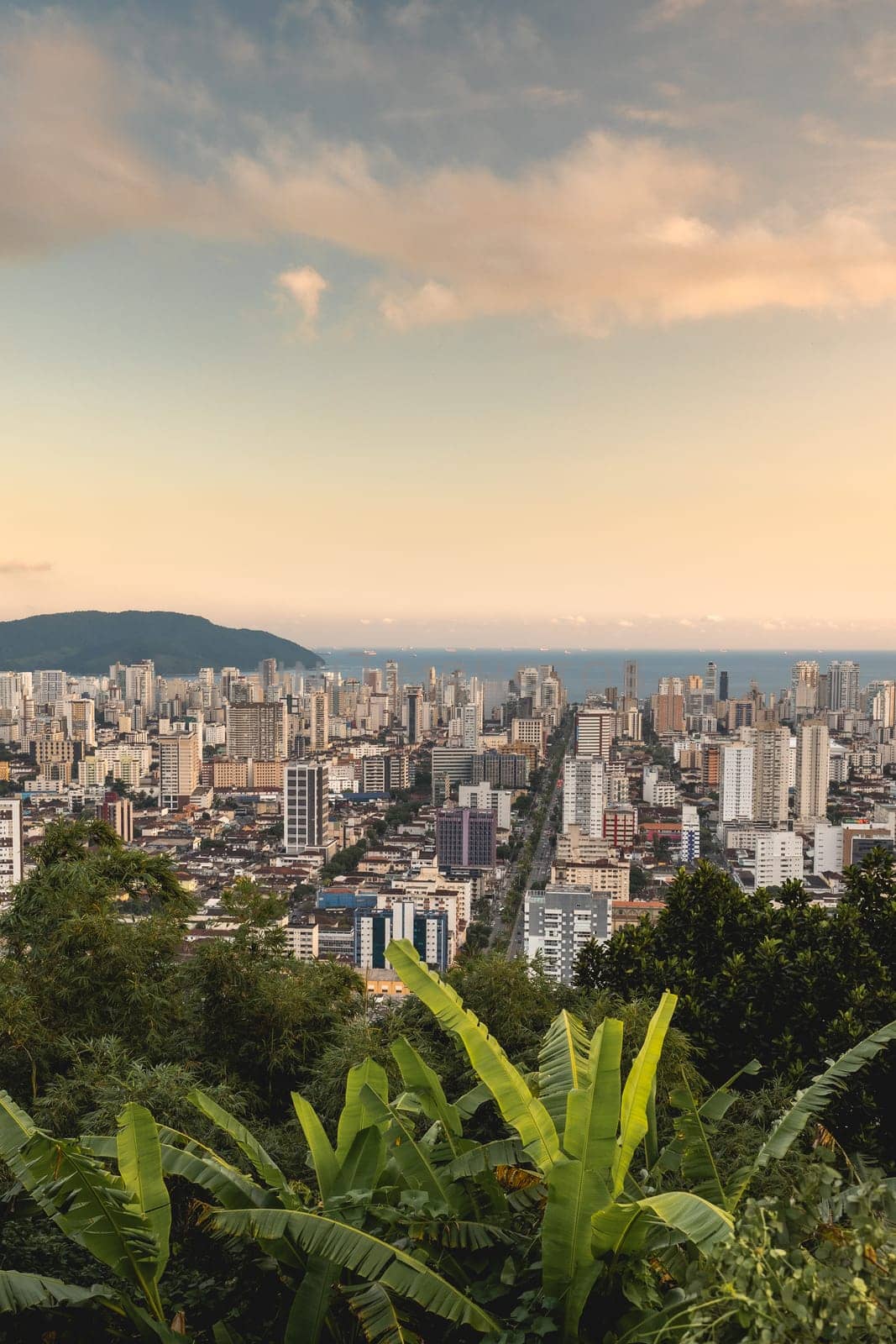 Sunset over the skyline of Santos, SP, Brazil. April 3 2024.