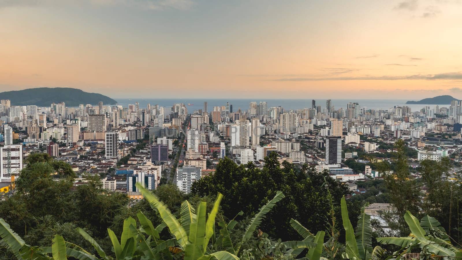Sunset over the skyline of Santos, SP, Brazil. April 3 2024.
