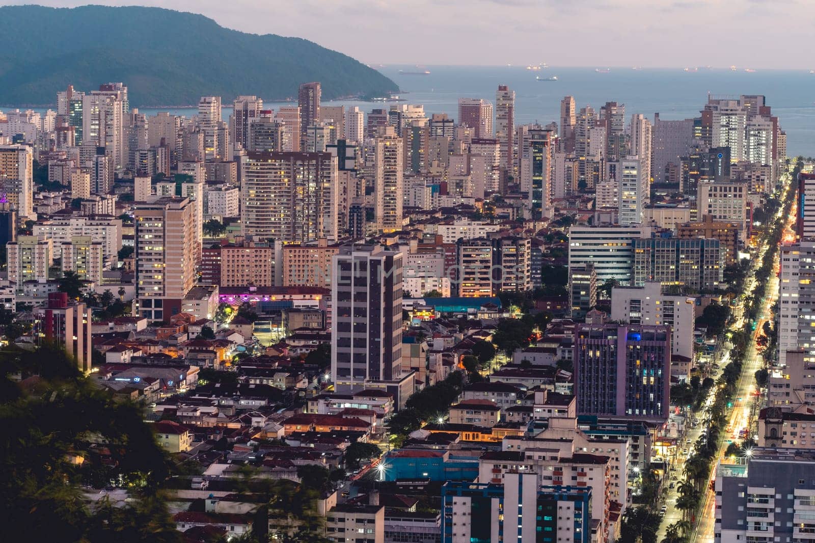 Evening shot of the skyline of Santos, SP, Brazil. April 3 2024.