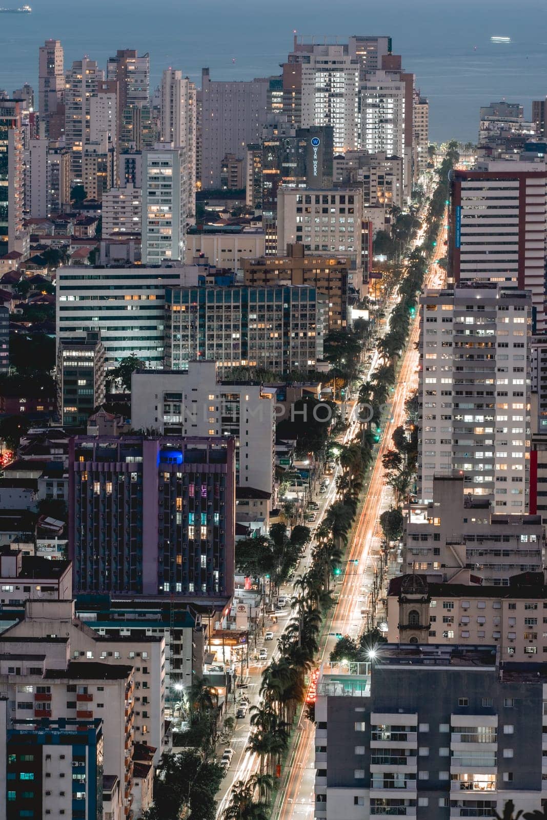 Evening shot of the skyline of Santos, SP, Brazil. April 3 2024.