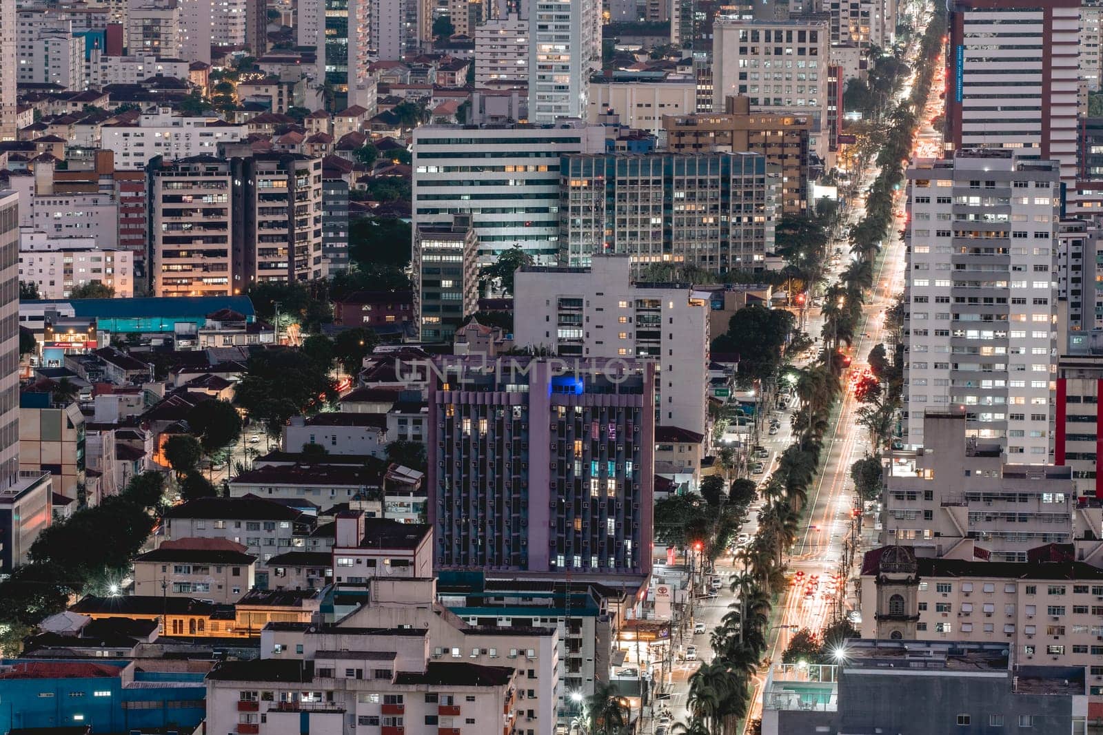 Evening shot of the skyline of Santos, SP, Brazil. April 3 2024.