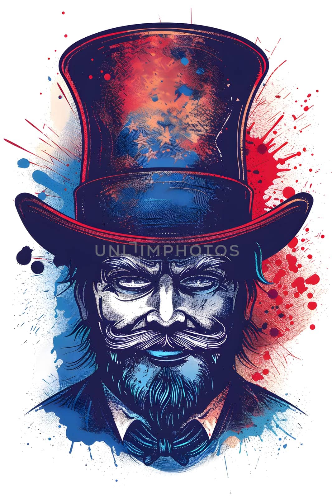 A man with facial hair wearing a blue sleeve costume hat and fedora, resembling a painting character with art vibes and unique headgear