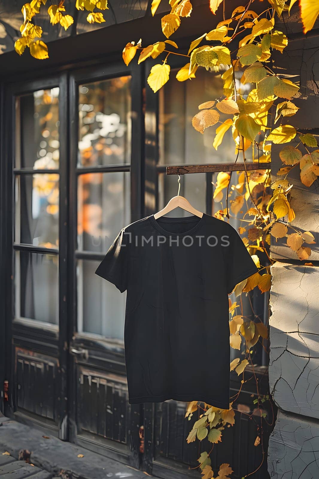 A black tshirt hangs on a hanger in front of a window in a building, with a yellow plant on a twig outside. The window tints and shades the sunlight, casting a shadow on the road surface