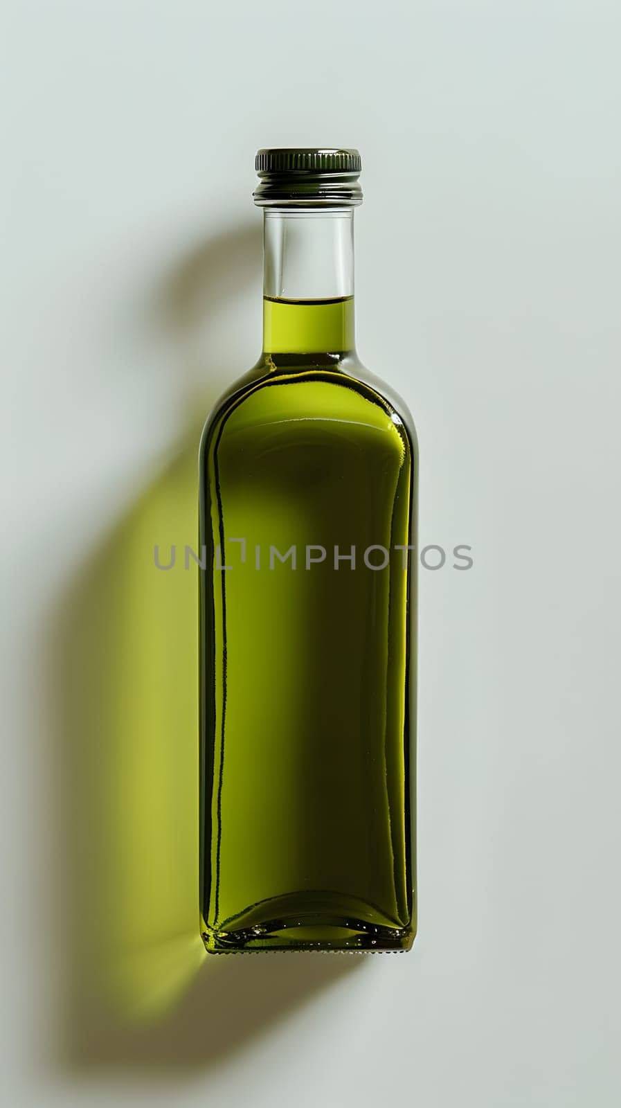 A glass bottle of olive oil is placed on a white table. The liquid inside the bottle is a solution used for cooking and dressing salads