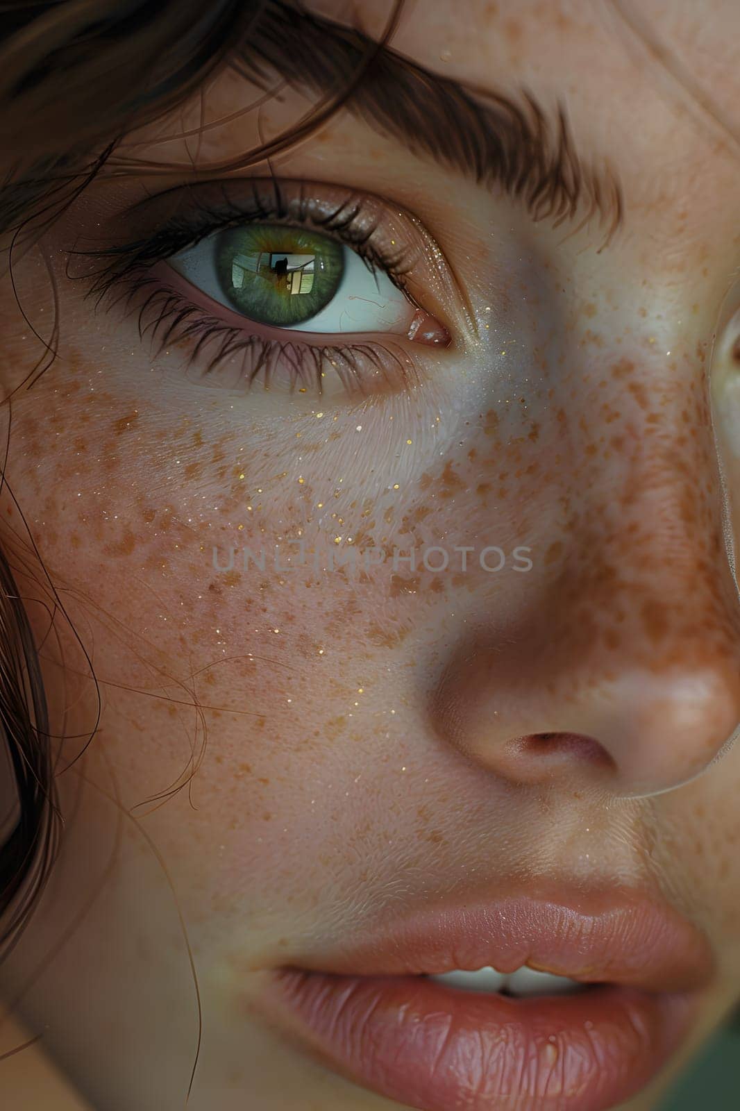 A closeup image of a womans face reveals green eyes, freckles on her skin, and defined eyebrows and eyelashes