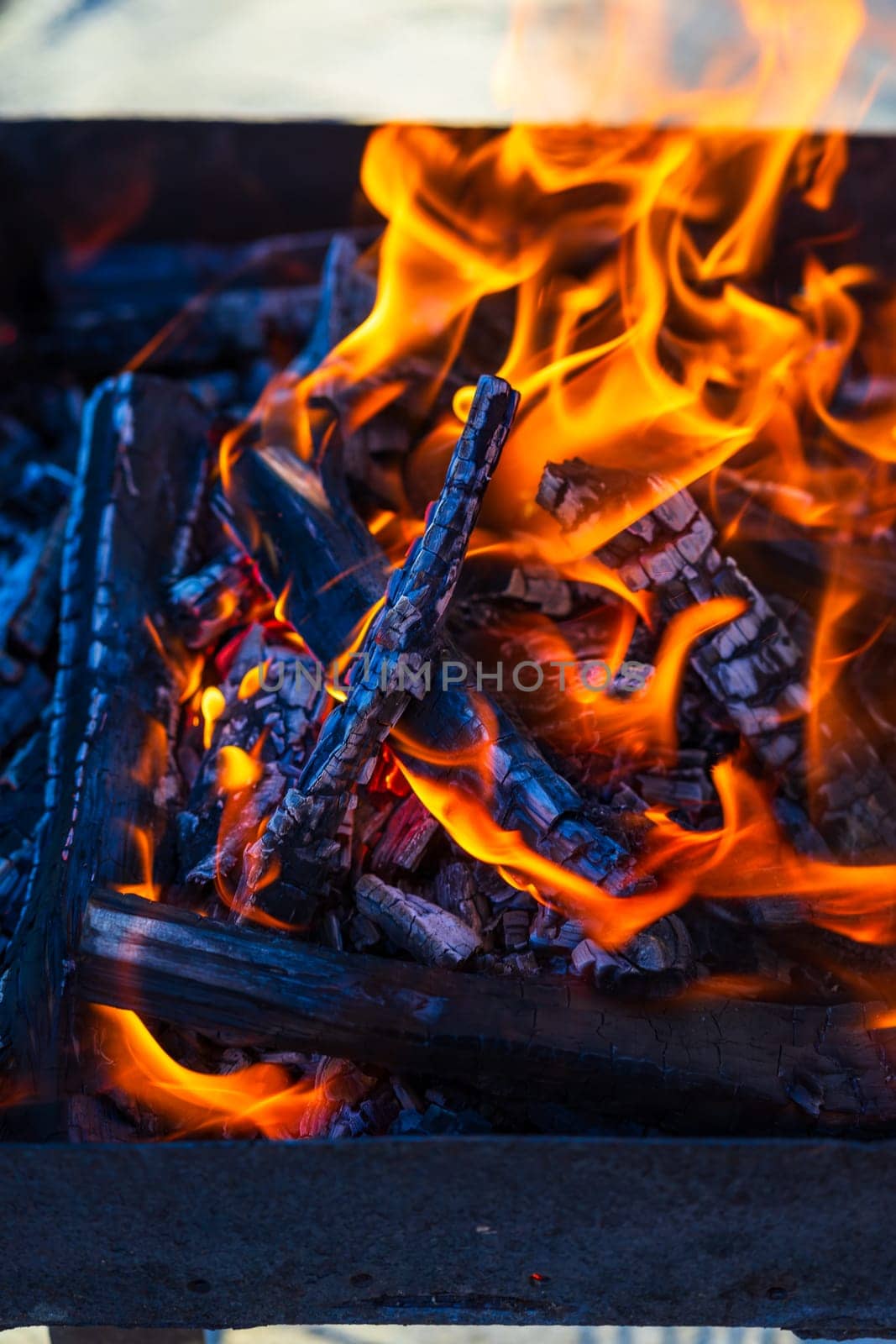 Burning wood chips to form coal. Barbecue preparation, fire before cooking. by vladispas