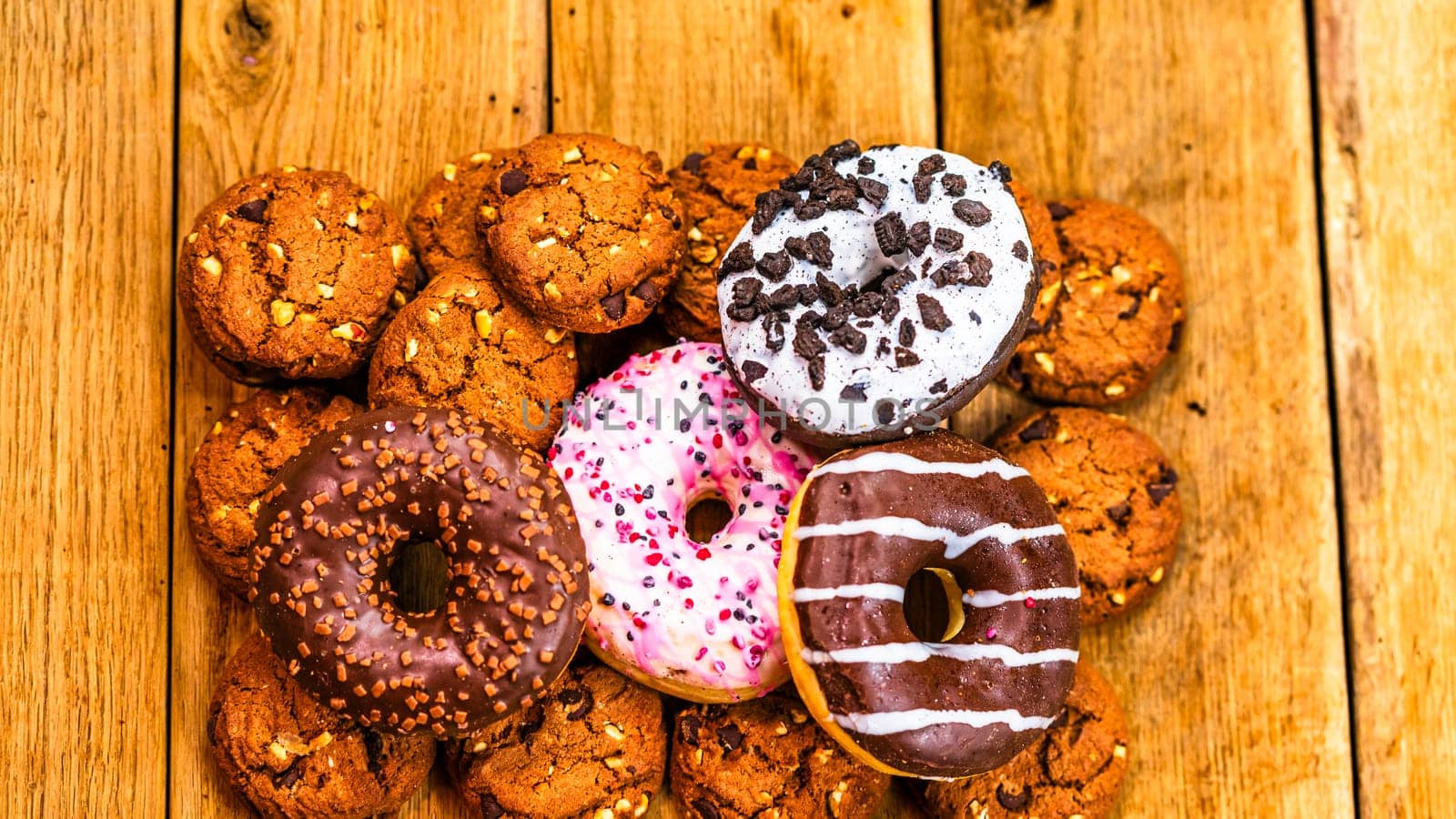 Colorful donuts on wooden table. Sweet icing sugar food with glazed sprinkles, doughnut with chocolate frosting. Top view with copy space by vladispas