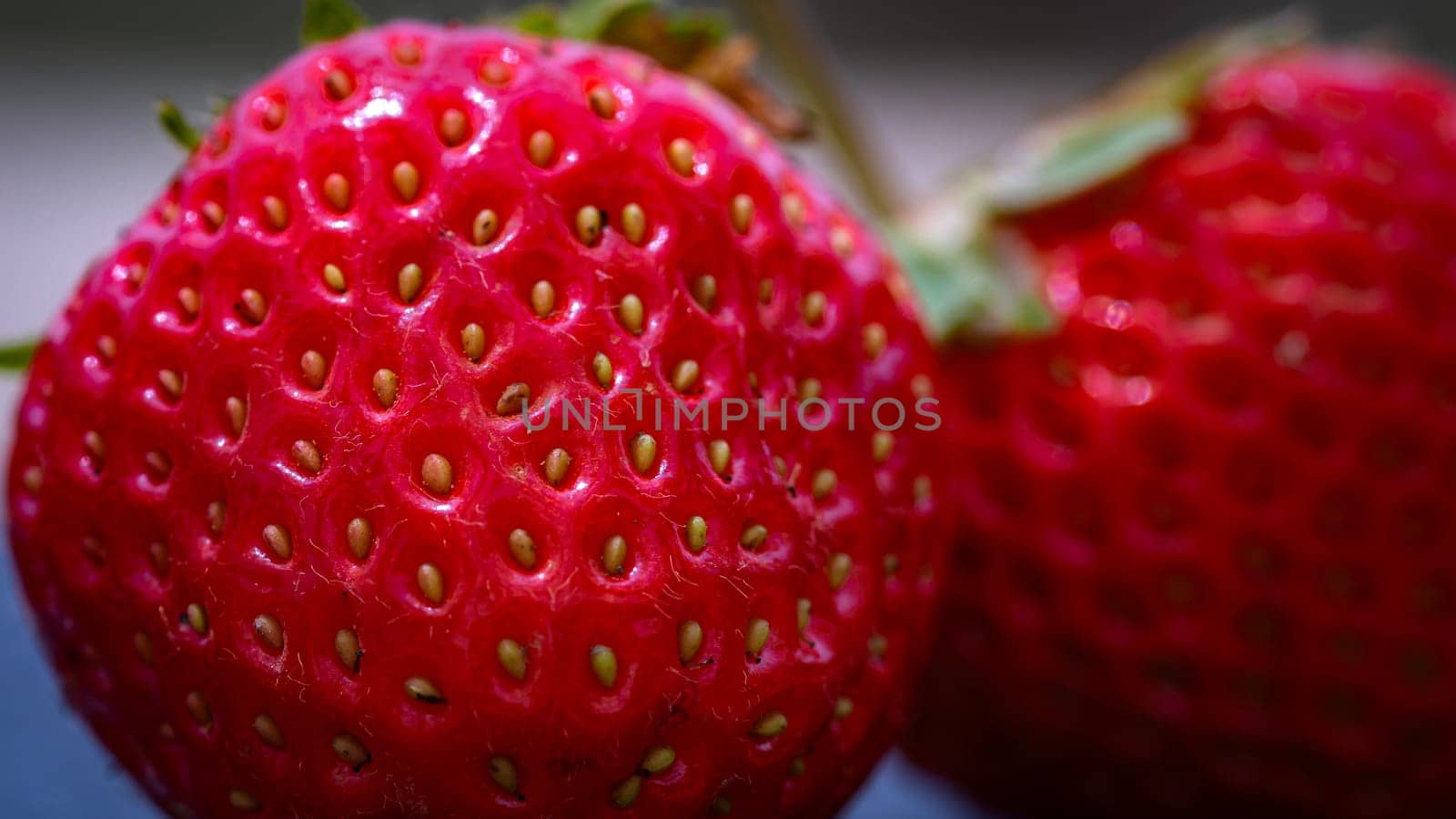 Close up of fresh strawberries showing seeds achenes. Details of fresh ripe red strawberries.