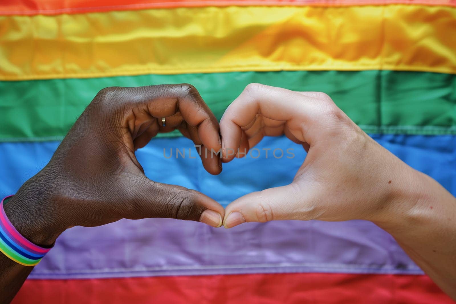 Two hands come together to create a heart shape with a vibrant rainbow flag as the backdrop, symbolizing love and LGBTQ, pride.