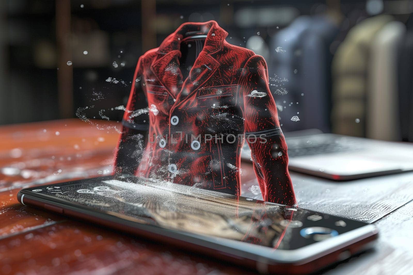 A red jacket lying on top of a tablet device, creating a striking contrast in colors.