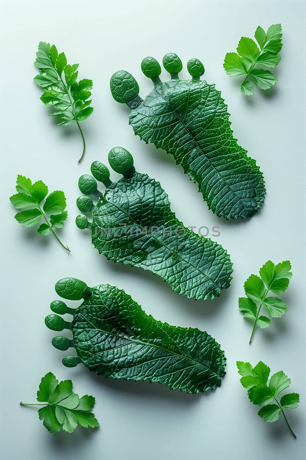 Green Leaf Footprints With Fresh Parsley Accents on White Background by Sd28DimoN_1976