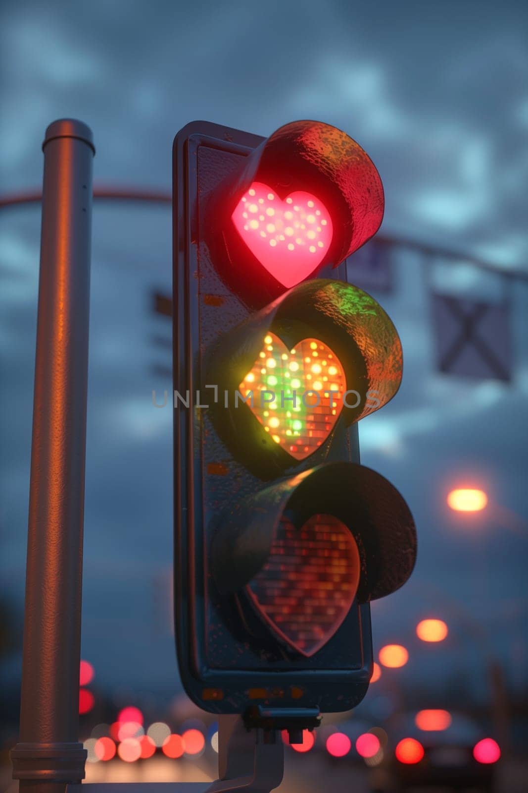 A regular traffic light displaying a heart symbol in place of a traditional light signal.