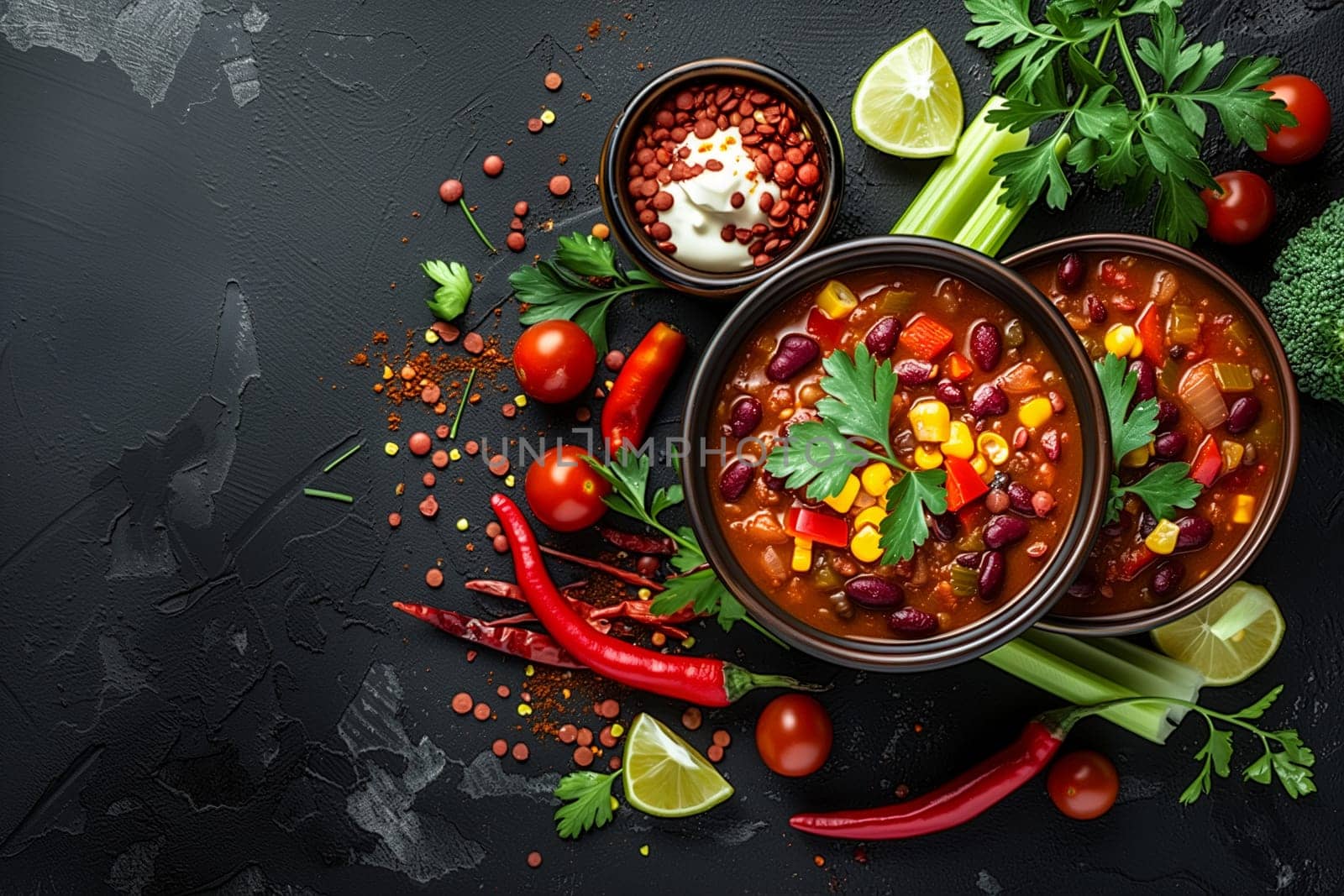 Three Bowls of Chili, Beans, and Broccoli on Black Surface by Sd28DimoN_1976