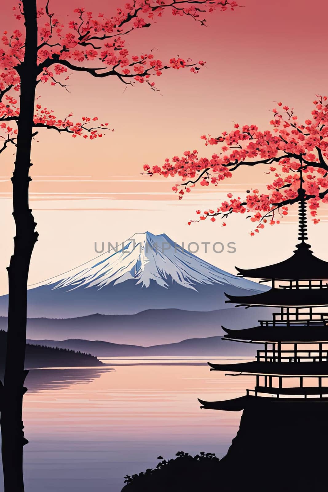 Traditional Japanese pagoda surrounded by blooming cherry trees in full pink blossom, embodying beauty of springtime scene in Japan. For interior, commercial spaces to create stylish atmosphere