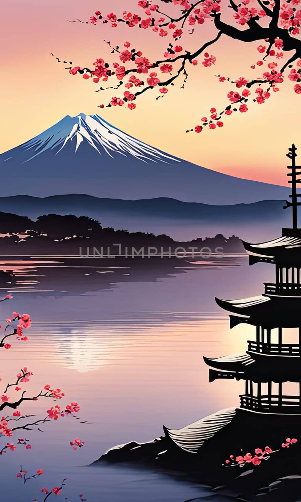 Traditional Japanese pagoda with iconic Mount Fuji in background, capturing essence of Japans natural beauty, cultural heritage. For interior, commercial spaces to create stylish atmosphere, print