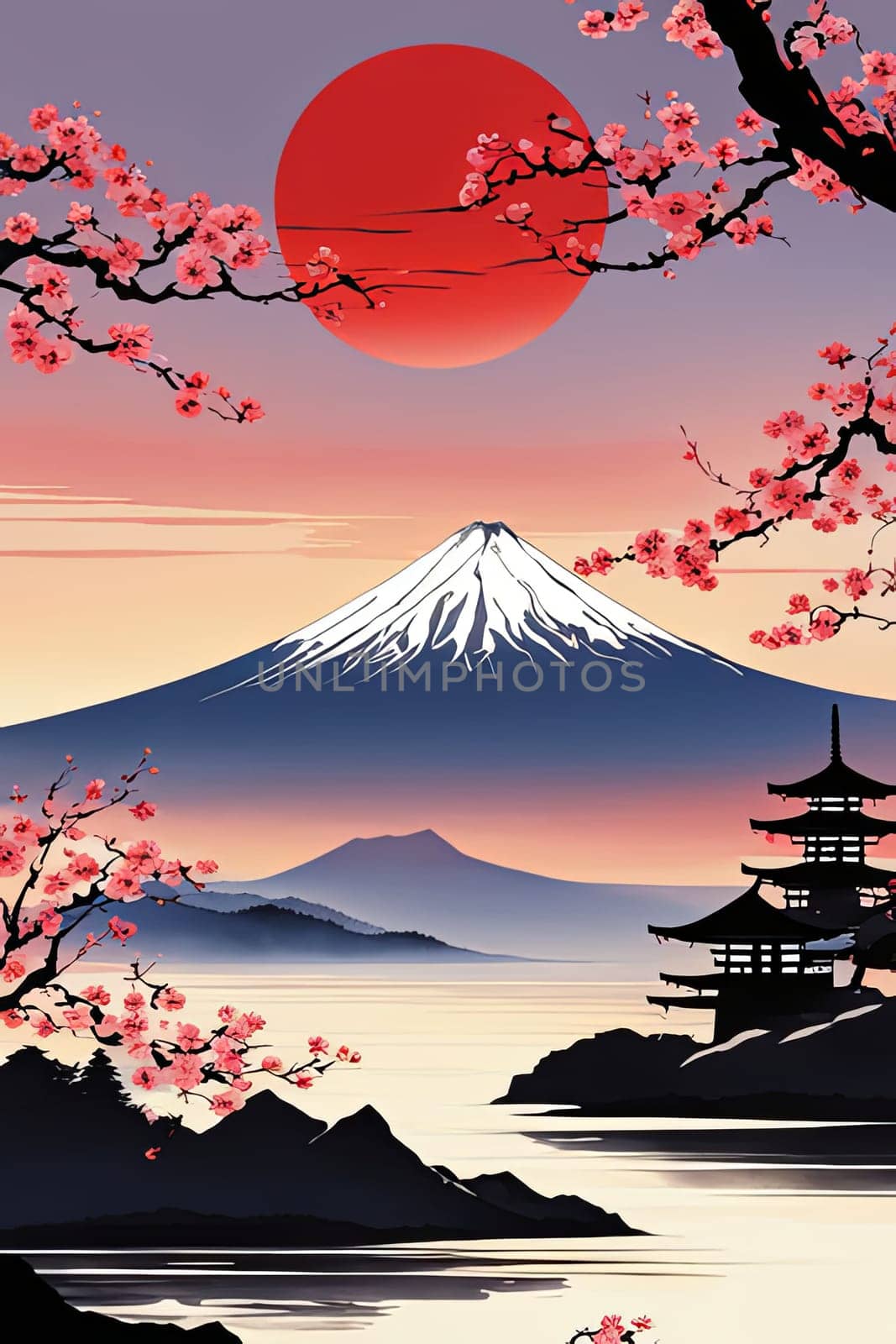 Japanese sunset over tranquil landscape, featuring traditional pagoda silhouetted against radiant sky. Blend of vibrant colors captures essence of peace. For art, creative projects, fashion, magazines